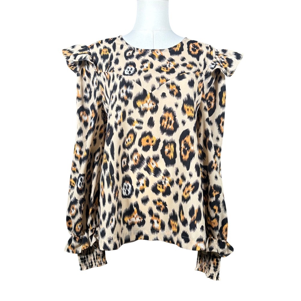 English Factory Leopard Print Ruffle Shoulder Smocked Cuff Blouse Tan Small